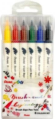 Brush signpen twin set 6 kleuren | Pentel 